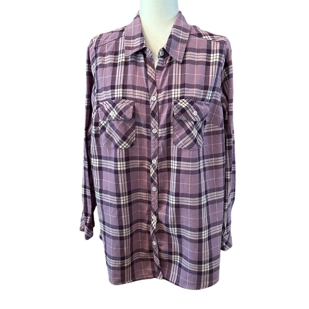 Croft & Barrow Womens 1X Purple Plaid Button-Up Shirt Long Sleeve Cotton Casual